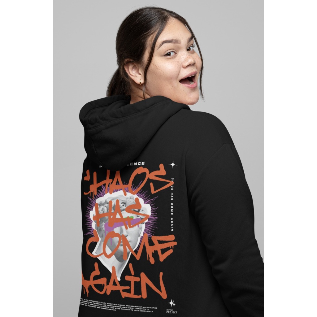Moletom com capuz estampado gráfico Chaos As Come Again´´ e cordão, blusa de moletom casual Unisex no inverno e outono
