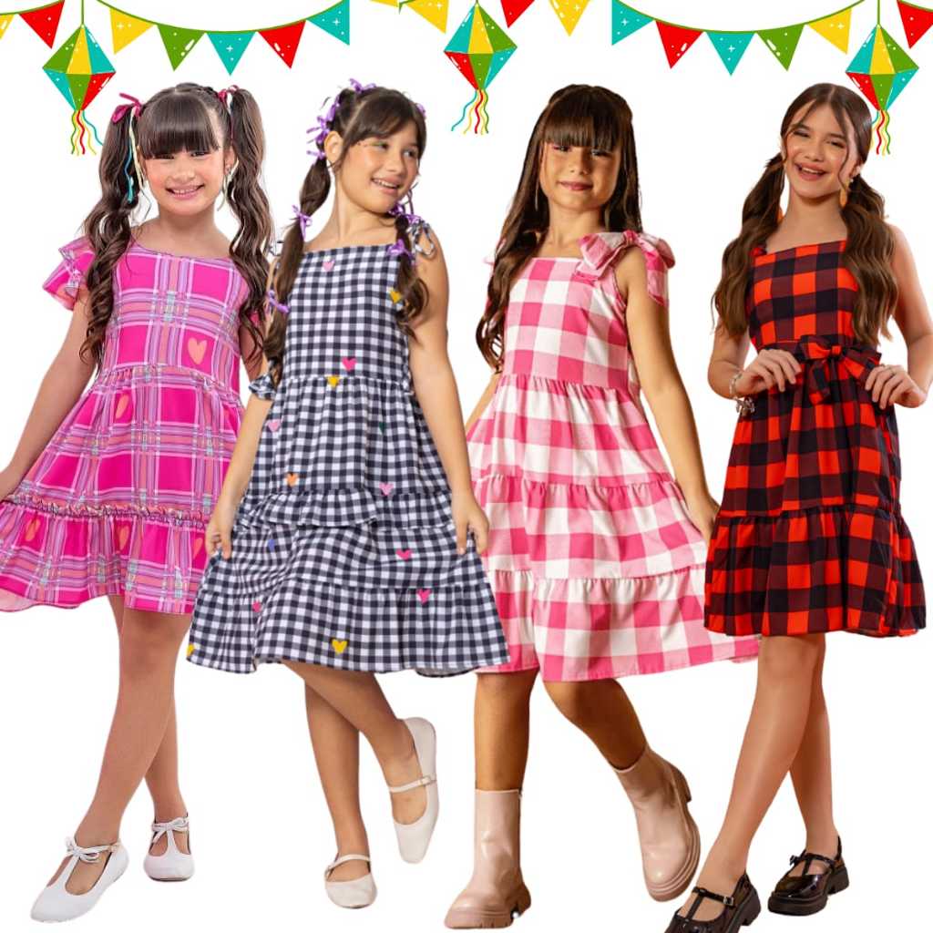 Vestido Infantil Xadrez Look Junino Menina Vermelho Quadriculado Festa Junina Arraial São João