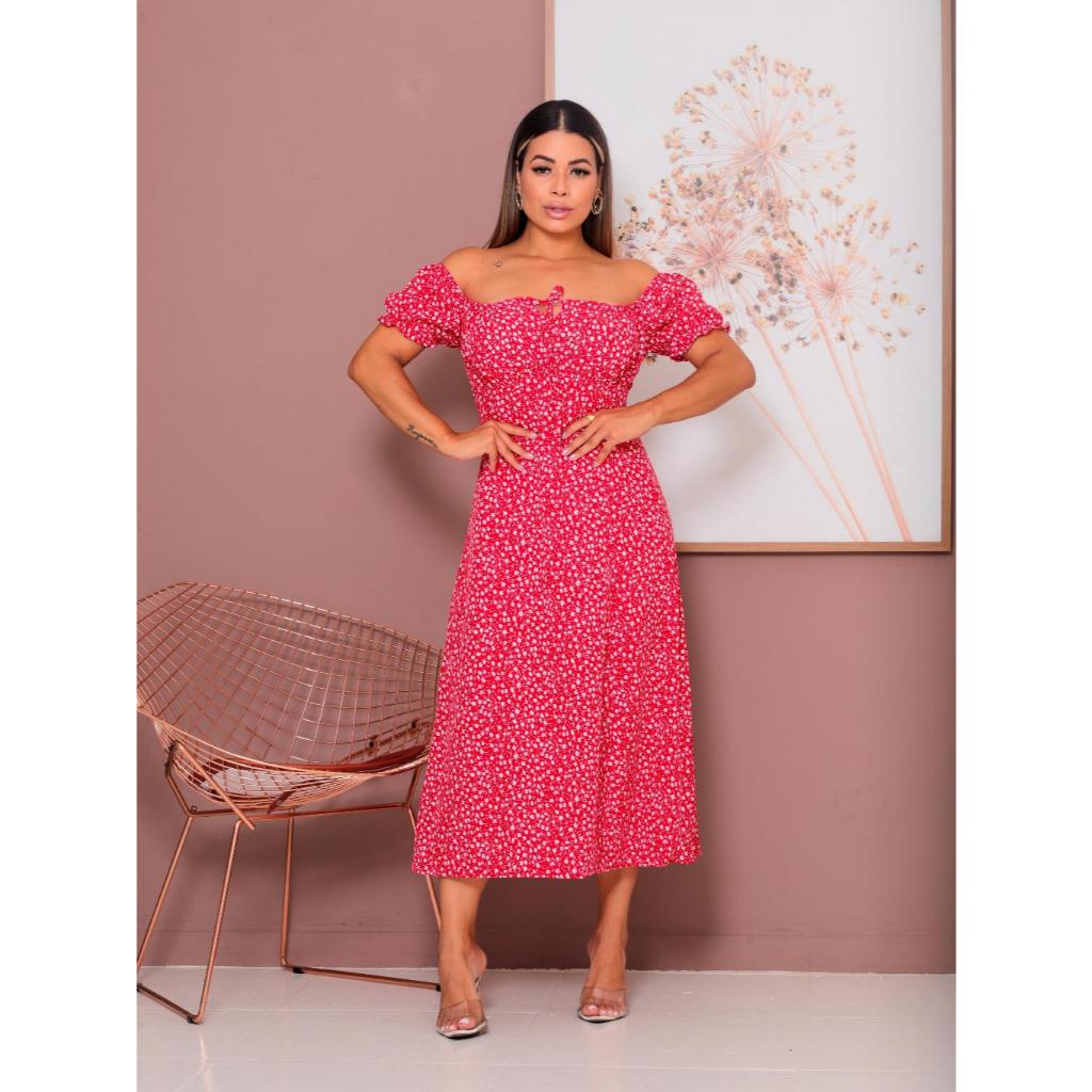 Vestido Feminino Midi Manga Princesa com forro e Fenda na Frente Elegância - Moda Casual