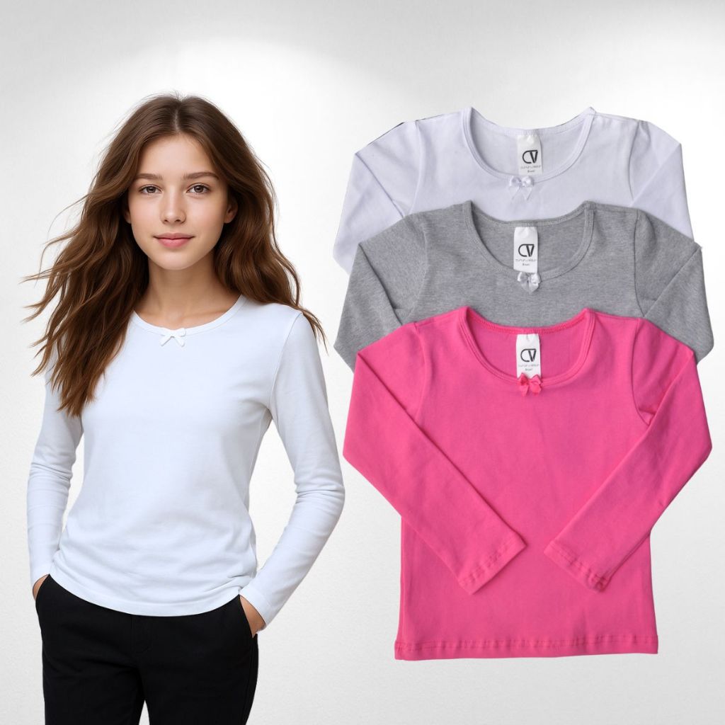 Kit 3 camisetas manga longa cotton juvenil menina em Oferta na Shopee