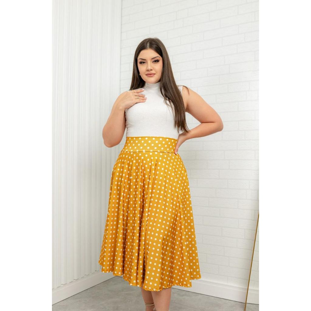 SAIA MIDI GODÊ POÁ EM AMARELO  LINDAS MODA ANOS 60/70/80 - MODA EVANGÉLICA CRISTÃ GODE