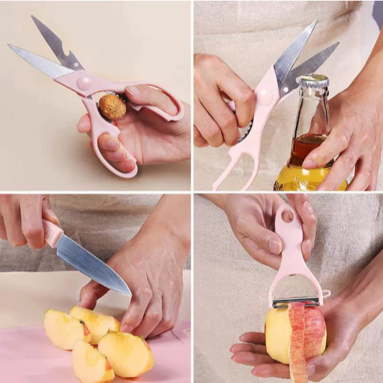 Conjunto  Tábua Com Faca Bainha Descascador E Tesoura Para Cozinha 5 Peças- Sortidos