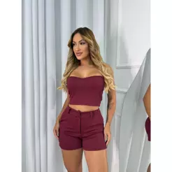 Conjunto Mabel Top Cropped Tomara que Caia Decote Coração e Short Botão com Bolso Cintura Alta Novidade Moda Feminina