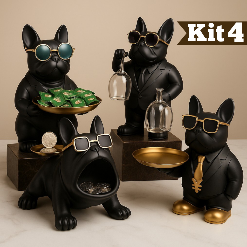 Escultura Decorativa Enfeite Bulldog Cachorro Com Bandeja e Óculos Porta Taças Objeto Trec...