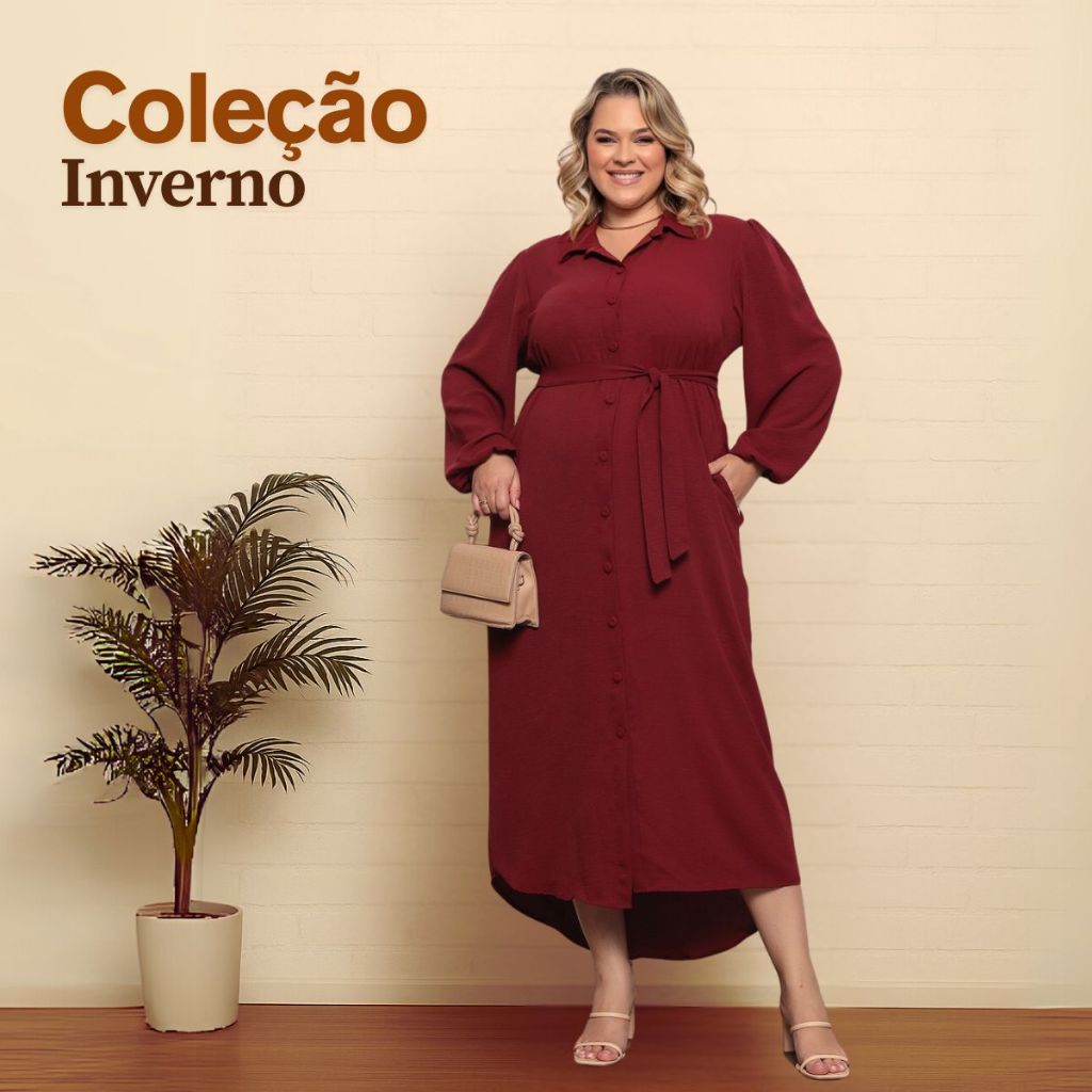 Vestido Feminino Longo Chemise Com Faixa Cintrura P ao G3 Plus Size Camisa Longa Mullet Bo...