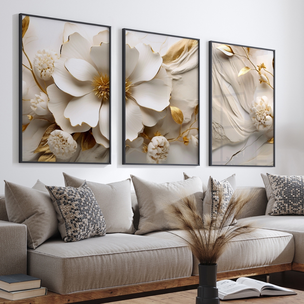 Quadro Decorativo Trilogia Floral Moldura Com ou Sem Vidro em Oferta na Shopee