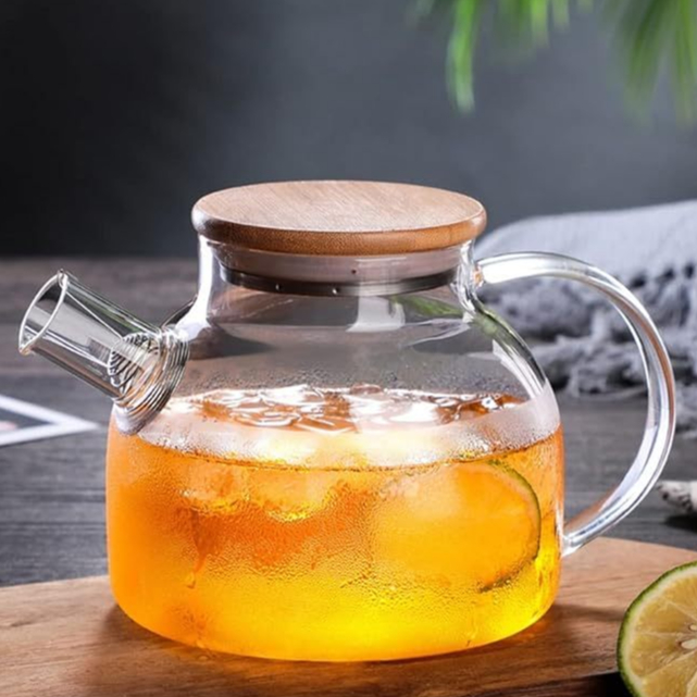 Bule Chaleira de Vidro que vai ao fogo Borossilicato com Infusor cozinha Tampa Bambu 1Litr...