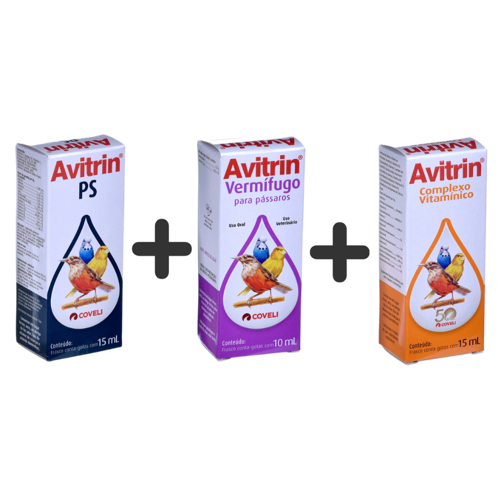 Kit Avitrin Saúde Geral p/ Aves – 1 Vermífugo + 1 PS + 1 Complexo Vitamínico | Calopsita, Canário