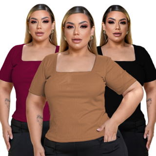 Blusa Ribana Canelada com Gola Quadrada e Manga Curta Blusinha Plus Size Básica Tendência GG ao G4 em Oferta na Shopee