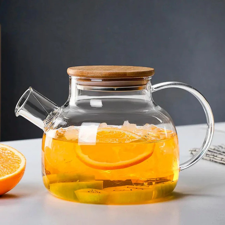 Chaleira de Vidro Tampa de Bambu Jarra Bule infusor Resistente a Calor Borossilicato 1L Cozinha em Oferta na Shopee