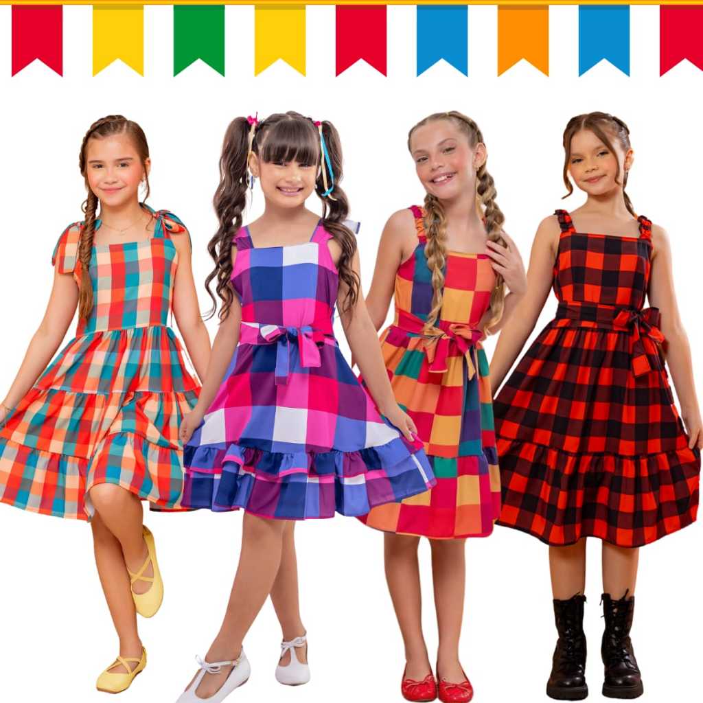 Vestido Festa Junina Xadrez Infantil Blogueirinha Arraial Quadrilha Dança Luxo São João Babado Laço