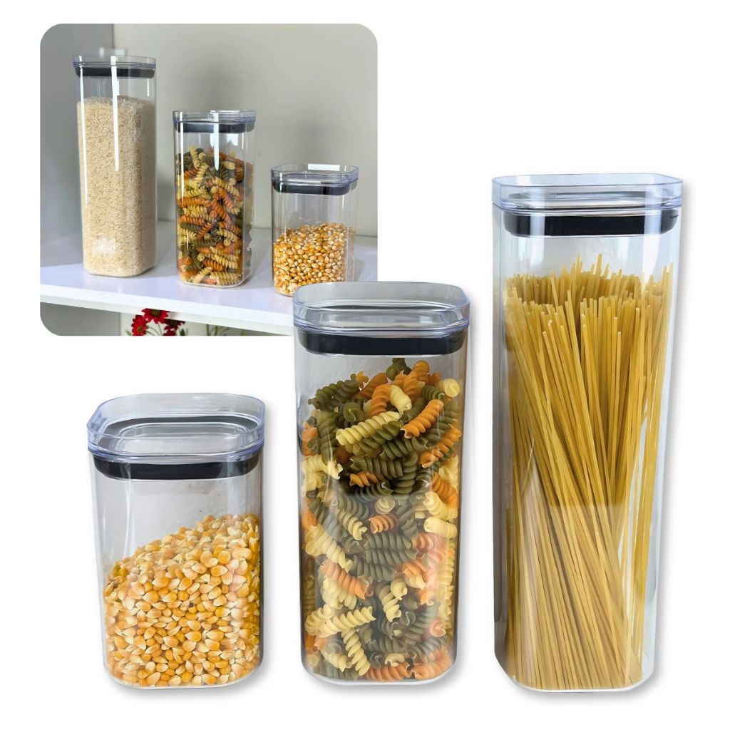 Kit 3 Potes Herméticos Porta Mantimentos Transparente Quadrado Empilháveis Acrílico Organizador Uz