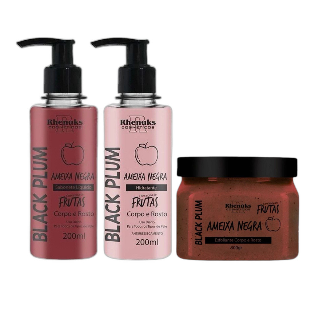 Kit Ameixa Negra Corpo & Rosto – Hidratante + Sabonete + Esfoliante | Pele Macia e Perfumada