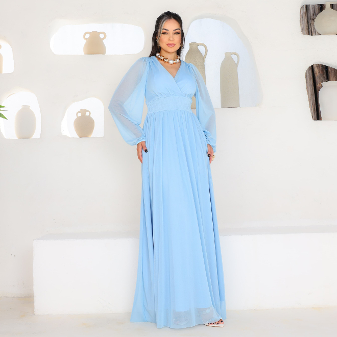 Vestido Evangélico Longo Clássico com Manga Comprida em Oferta na Shopee