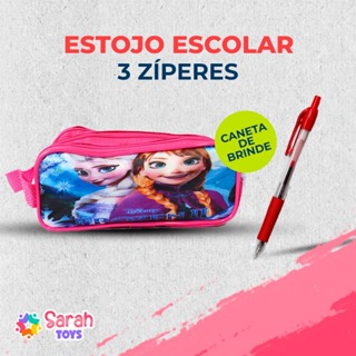 ESTOJO ESCOLAR 3 ZIPERES MENINO MENINA+1 CANETA DE BRINDE em Oferta na Shopee