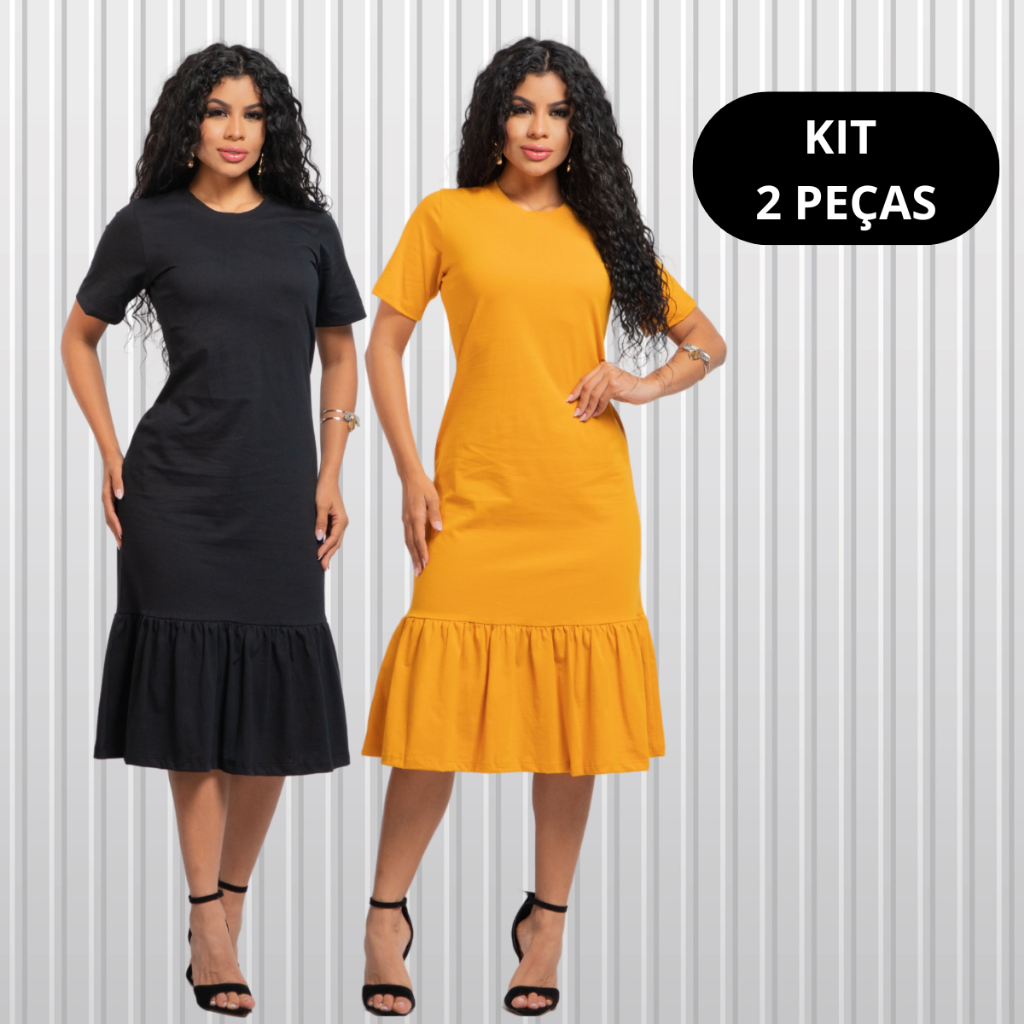 Kit 2 Vestido Midi Algodão Manguinha Com Babado Super Promoção em Oferta na Shopee