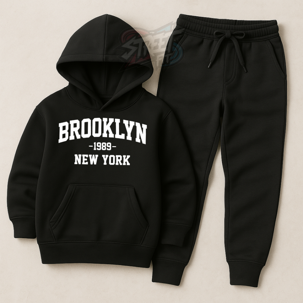 Conjunto Moletom Infantil masculino "Brooklyn" Blusa de Frio Canguru e Calça Flaneladas