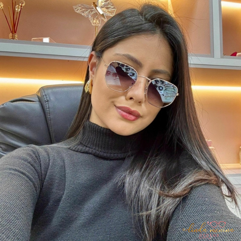 Óculos de Sol Feminino Armação Hexagonal Proteção UV Tamanho Médio