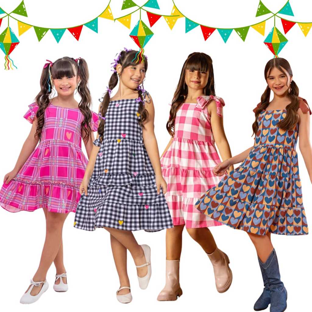 Vestido Xadrez Festa Junina Caipira Infantil Quadrilha Luxo Blogueirinha Arraial Dança Qua...