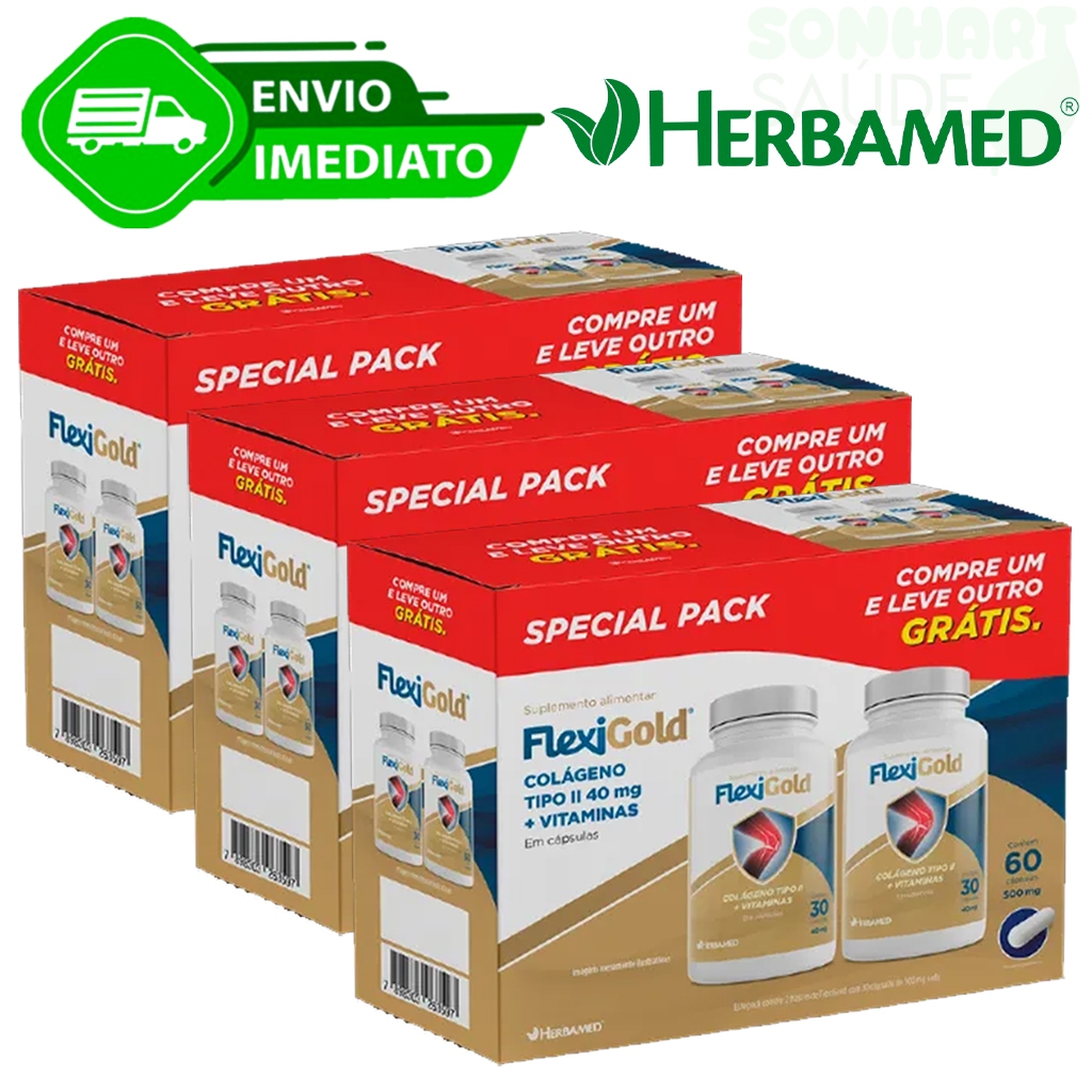 Kit C/3 Colágeno Tipo 2 Pack 40mg Vitaminas 60 Capsulas Flexigold Herbamed Condrign Envio Imediato