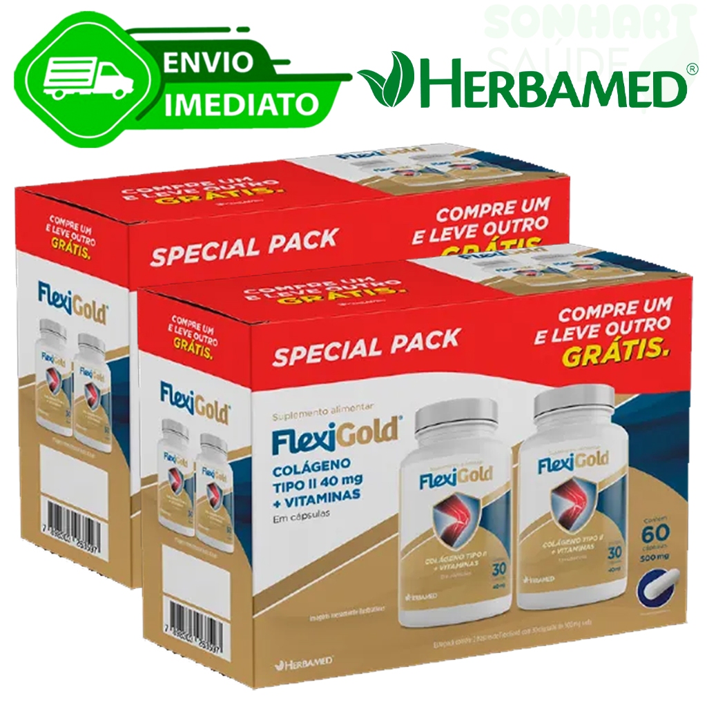 Kit C/2 Colágeno Tipo 2 Pack 40mg Vitaminas 60 Capsulas Flexigold Herbamed Condrign Envio Imediato