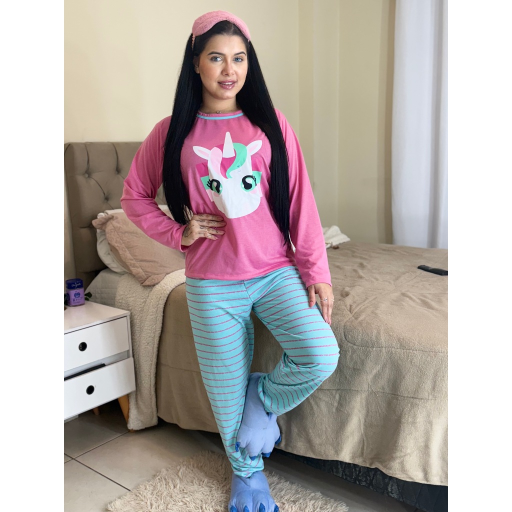 Pijama adulto malha com calça e blusa manga comprida de inverno