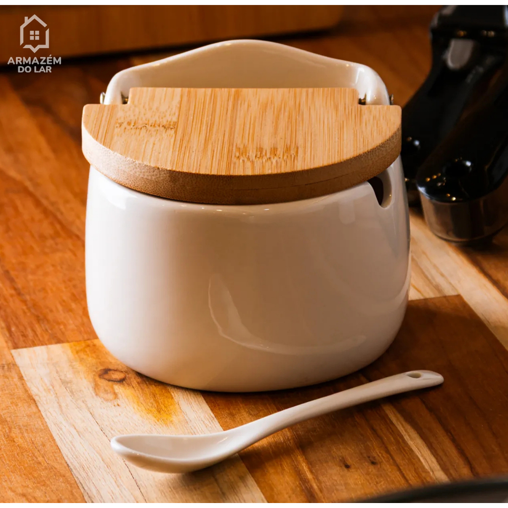 Saleiro de Cozinha com Colher e Tampa de Bambu Cerâmica Porta Tempero Redondo ou Quadrado ...