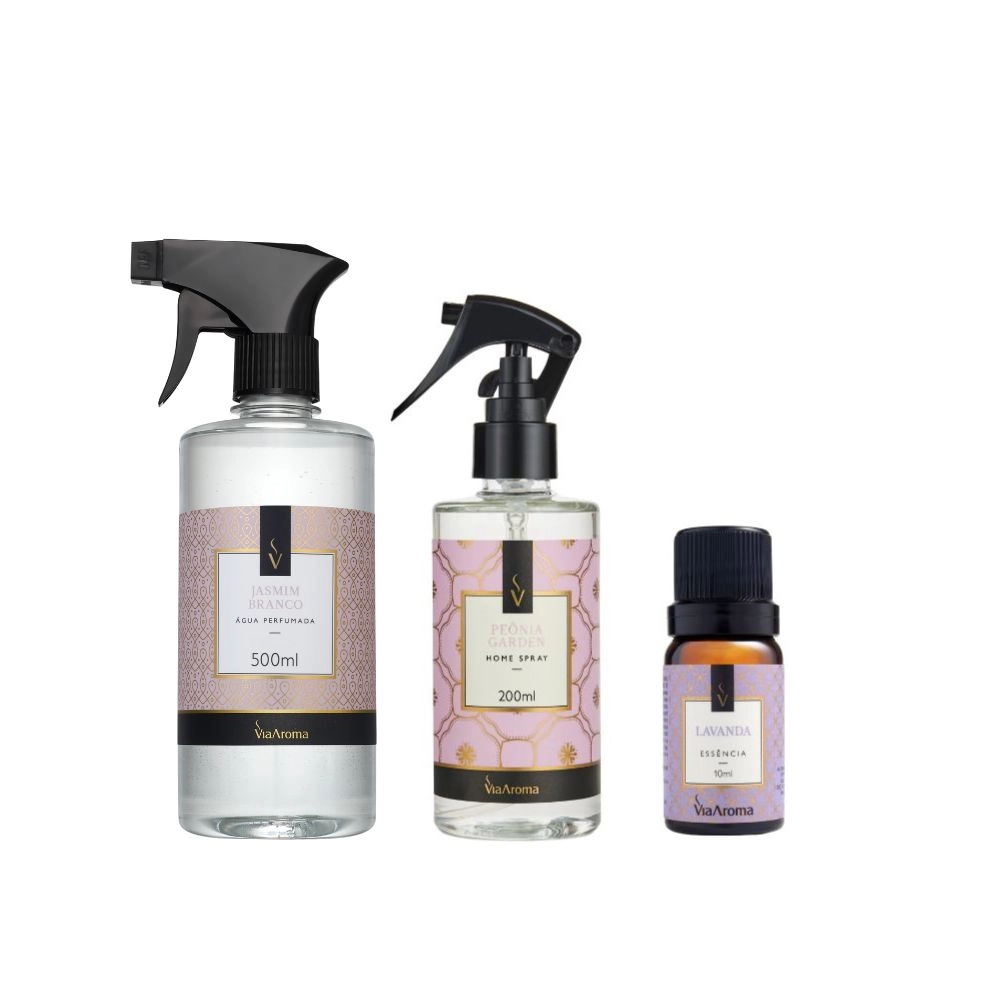 Kit Floral Via Aroma Água Perfumada p Tecidos 500ml Jasmim Bra. ,  Home Spray 200ml Peônia Garden e Essência de Lavanda - Home & Living