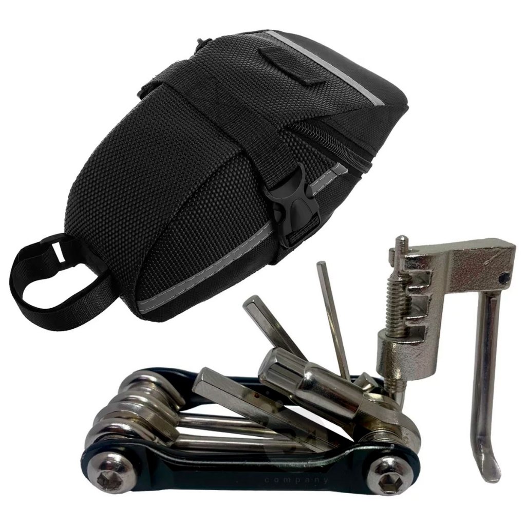 Kit Para Bike Chave Ferramenta Multiuso Saca Pino Corrente Bicicleta + Bolsa Para Banco Selim Bike