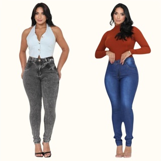 Kit com 2 Calças Femininas Jeans Skinny Cintura Alta Com Lycra em Oferta na Shopee