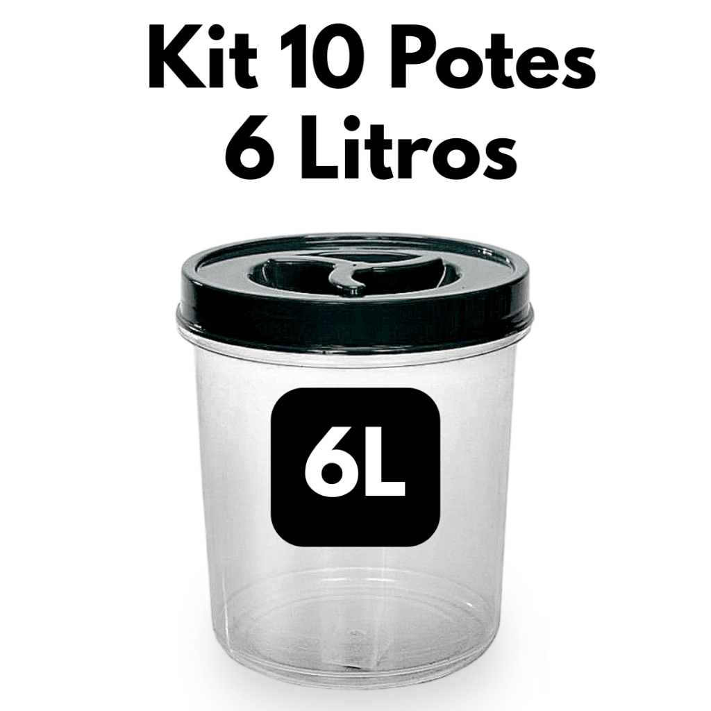 Jogo 10 Potes de 6 Litros Pote Mantimento Redondo Transparente Tampa Rosca BRA FREE Arroz Feijão
