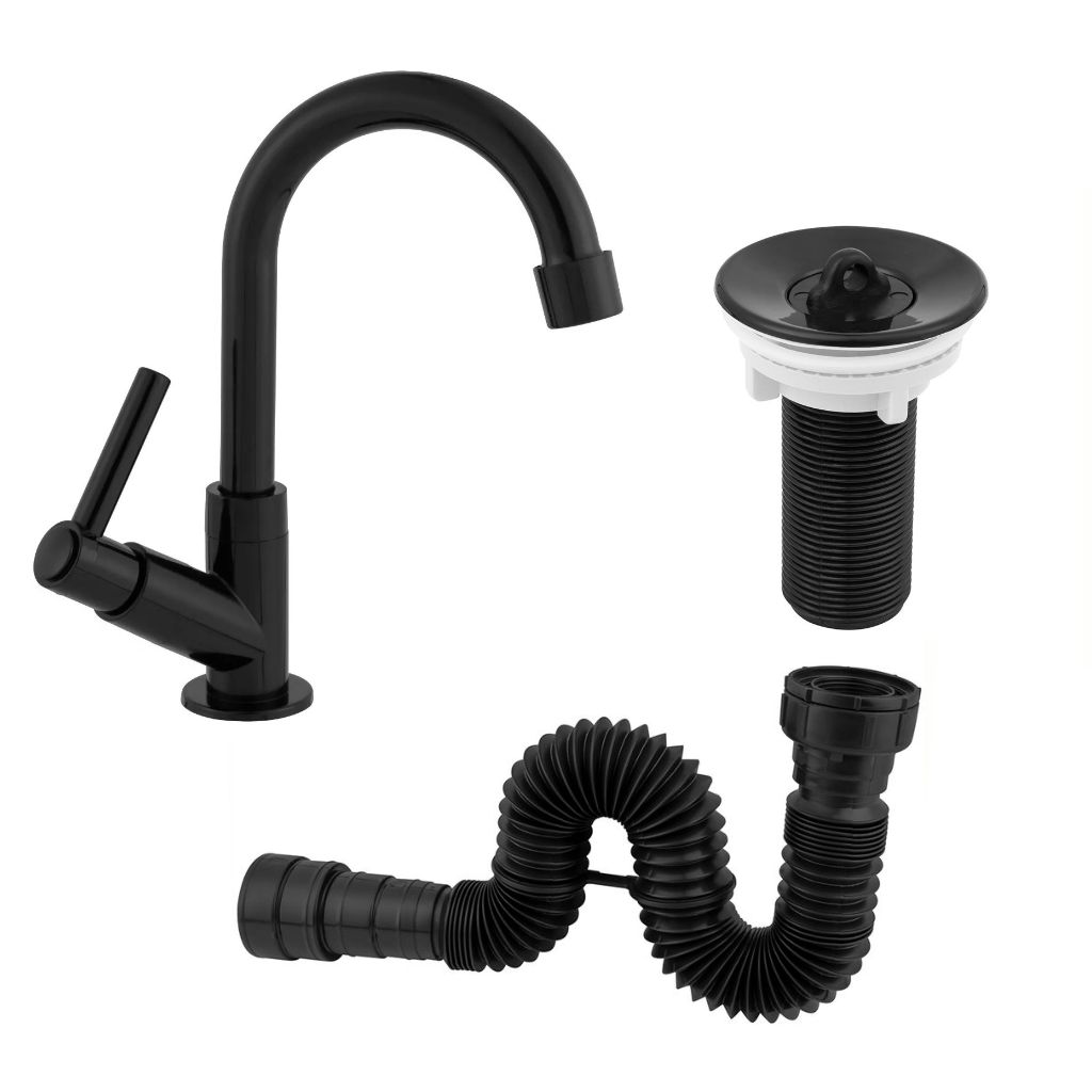 Kit Para Cuba Lavatório Torneira Pia de Banheiro Preta ABS + Valvula 7/8 + Sifão