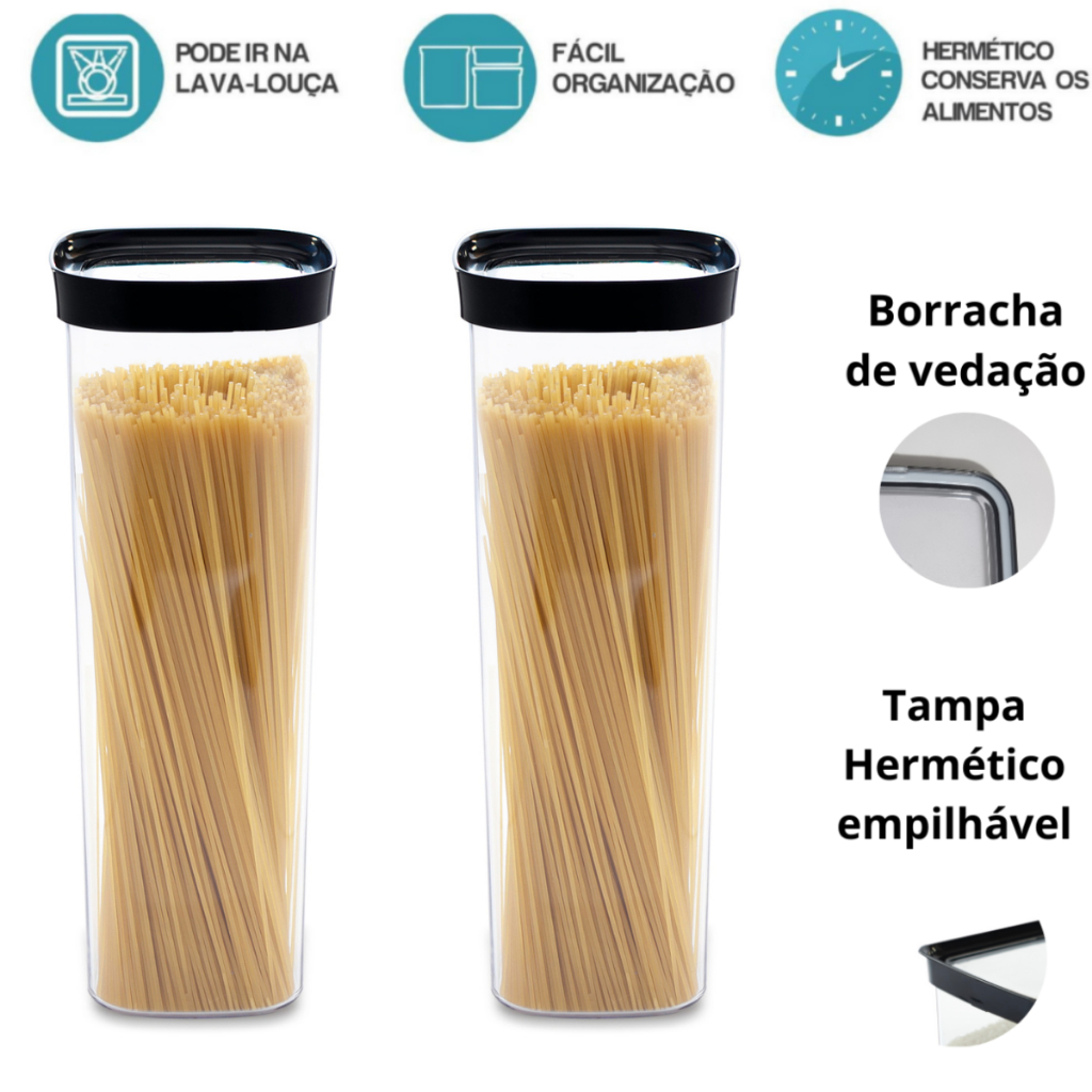 2 Potes Herméticos 2L - Macarrão espeguete, Farinha, Grãos e  Outras Utilidades | Fácil | Empilhável