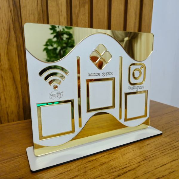 Placa Display de Mesa e Balcão para QR Code WIFI PIX INSTAGRAM no MDF Branco e Acrílico Es...