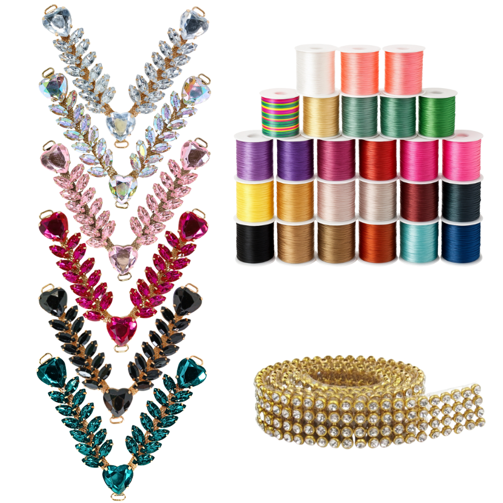 Kit Cabedal Coração Pedraria Brilho Fio Seda Cetim Manta De Strass Dourada em Oferta na Shopee