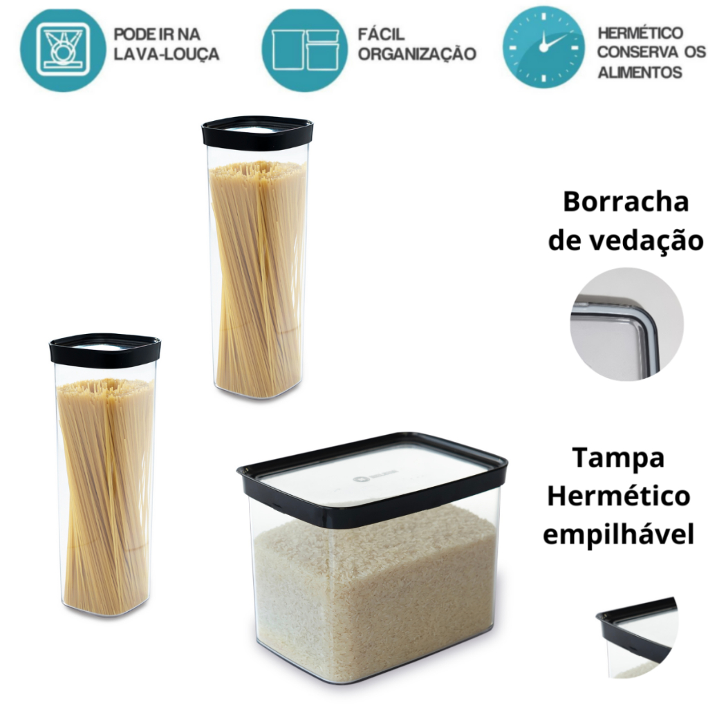 Kit 3 Potes (4L+2L) - Macarrão espaguete, Pães, Arroz e Utilidades - Fácil Organização de armários