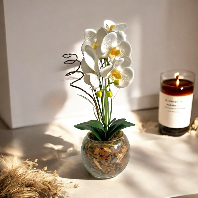 Arranjo Completo Flor Orquídea Artificial Silicone 3D com Vaso de Vidro para Enfeite de Mesa Sala - Vaso Decorativo.