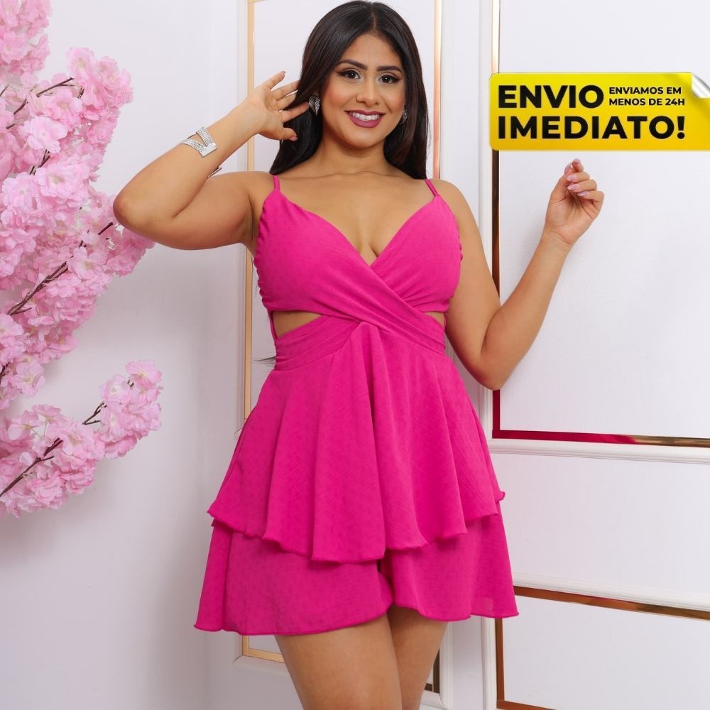 Macaquinho Soltinho Feminino Alcinha Regulável Estilo Short Saia Vestido Elegante Verão  Roupas Femininas Envio Imediato