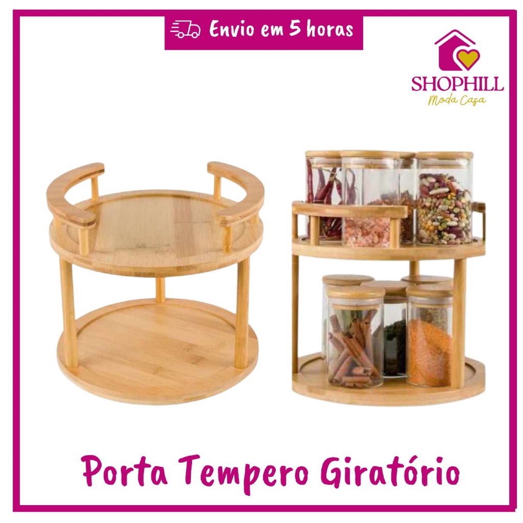 Prateleira Dupla De Bambu Porta Tempero Giratório