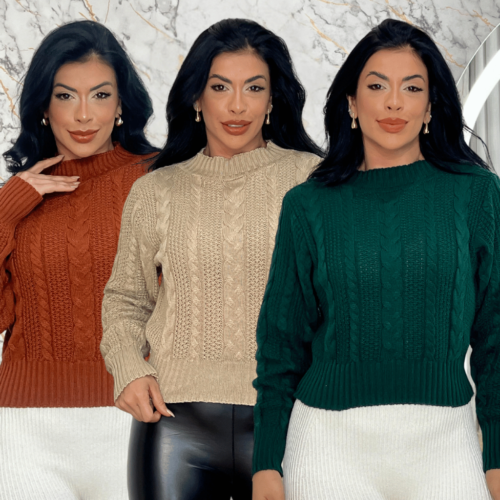 Blusa Feminina Cropped Trança Tricô Modal Inverno Manga Longa Moda Frio Tricot Envio Rápido