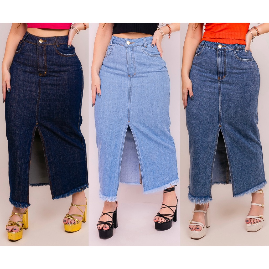 Saia Jeans Moda Feminina Longa Midi Moda Evangélica Com Fenda na Frende Blogueira Jeans Destroyed em Oferta na Shopee