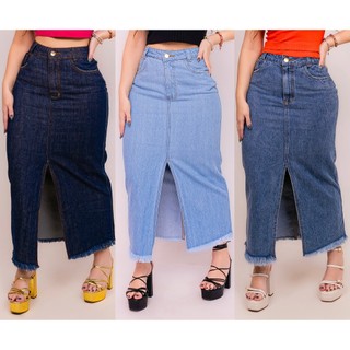 Saia Jeans Moda Feminina Longa Midi Moda Evangélica Com Fenda na Frende Blogueira Jeans Destroyed