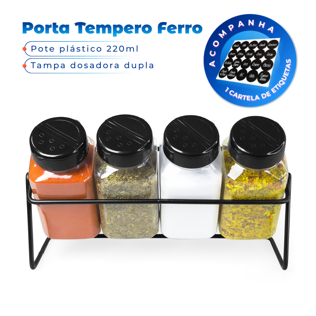 Porta Tempero em Ferro Reforçado Mesa Bancada + 4 Potes 220ml Tampa Dupla + Etiquetas