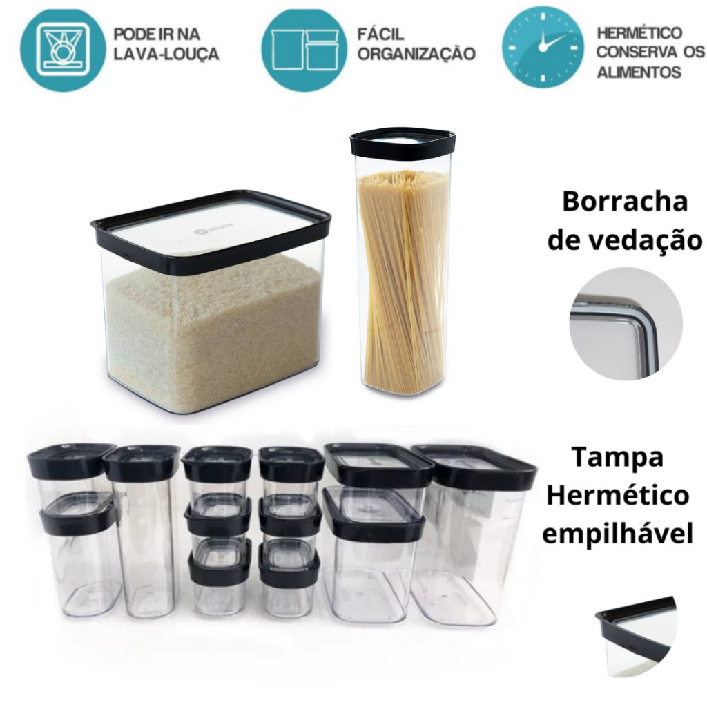 Kit 14 potes Herméticos - Arroz, Pães, Macarrão, Farinha e Outras Utilidades - Organização Lavável
