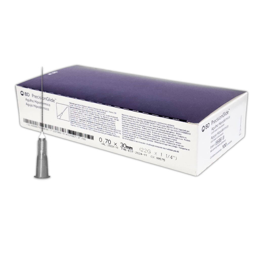 Agulha HiPodérmica Bd 0,70x30mm Preto 22g - Cx 100un