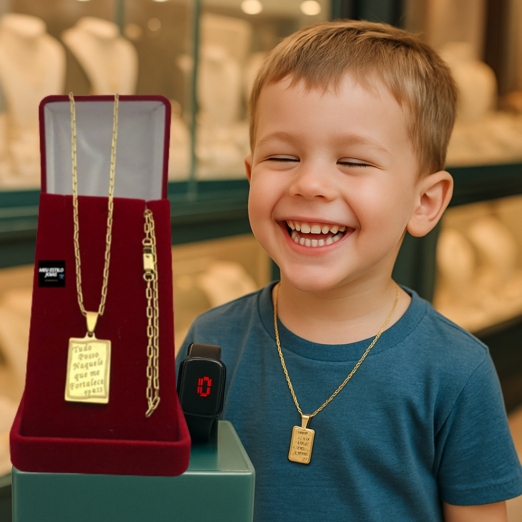 Colar Infantil Menino Correntinha "3mm "+ Pingente Banhado Ouro  + Pulseira e Relógio Digital Led Unissex à Prova D’Água