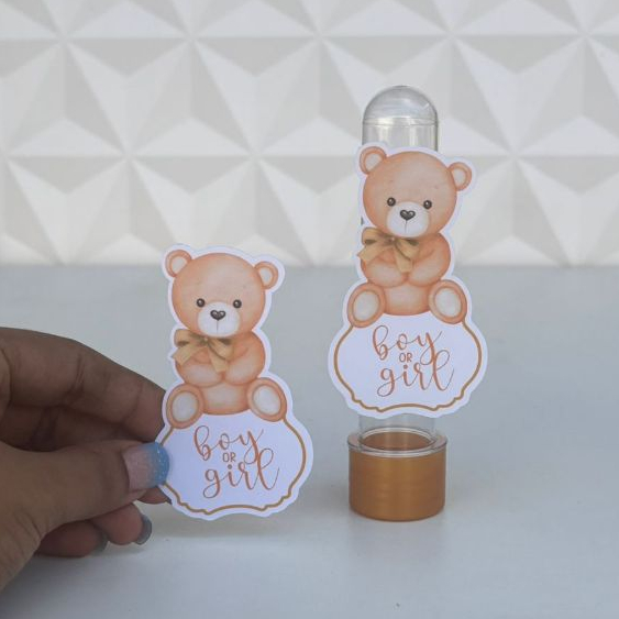 APLIQUES PERSONALIZADOS PARA TUBETES LEMBRANCINHAS CHÁ REVELAÇÃO - CHÃ DE BEBÊ - URSINHO MARROM E DOURADO