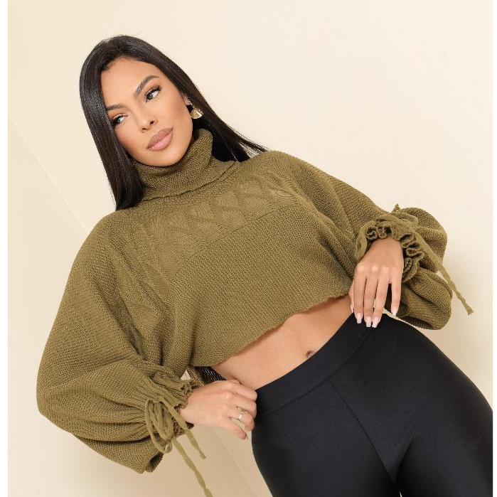 Cropeed Feminino Gola Alta Manga Bufante Blusa Curta Moda Outono Look Elegante