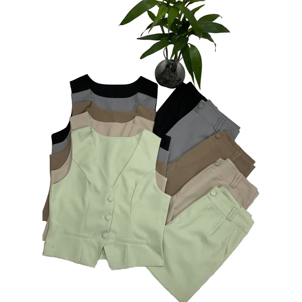 Colete feminino com shorts sociais tecido marrante linlinmoda