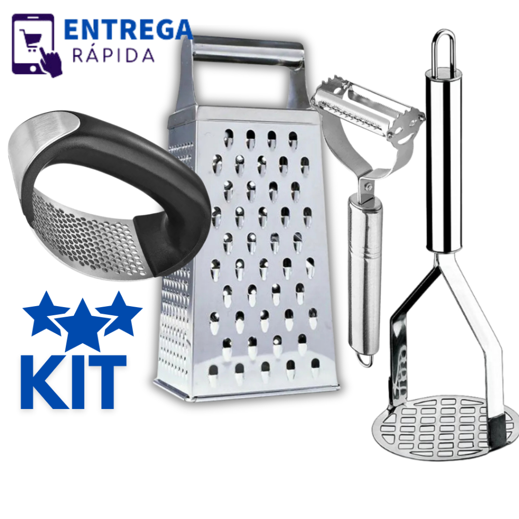 Kit 4 Utensílios Cozinha Aço Inox: Amassador de Batata Espremedor de Alho Descascador Ralador em Oferta na Shopee